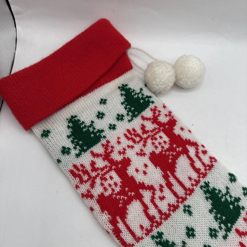Vintage Long Knit Christmas Stocking Reindeer With Trees‎ Pom Pom 22